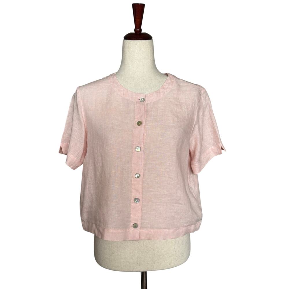 Linen‎ Cropped Button Down Short Sleeve Top Womens S/M? Pink Lagenlook Loose Fit